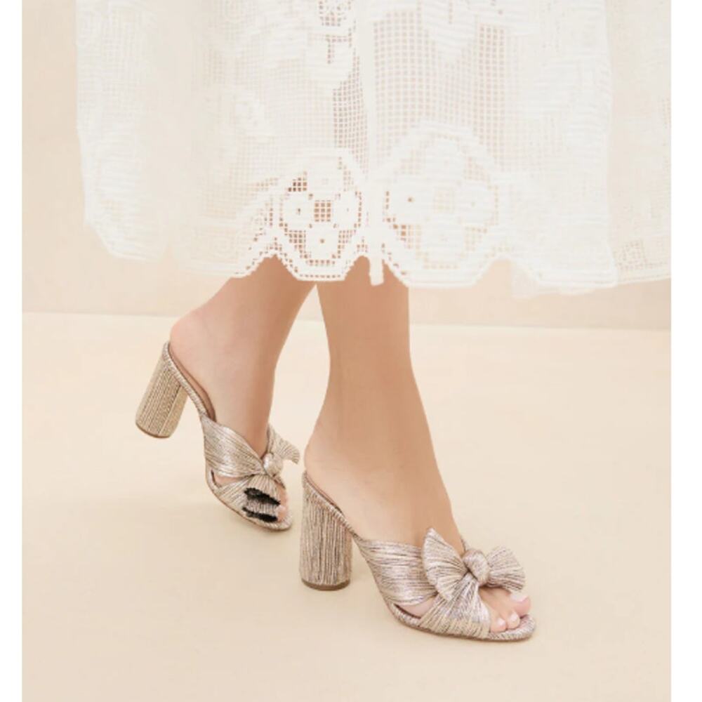 Loeffler Randall Women's Gray Penny Champagne Pleated Bow Heel Sandal Size 5b